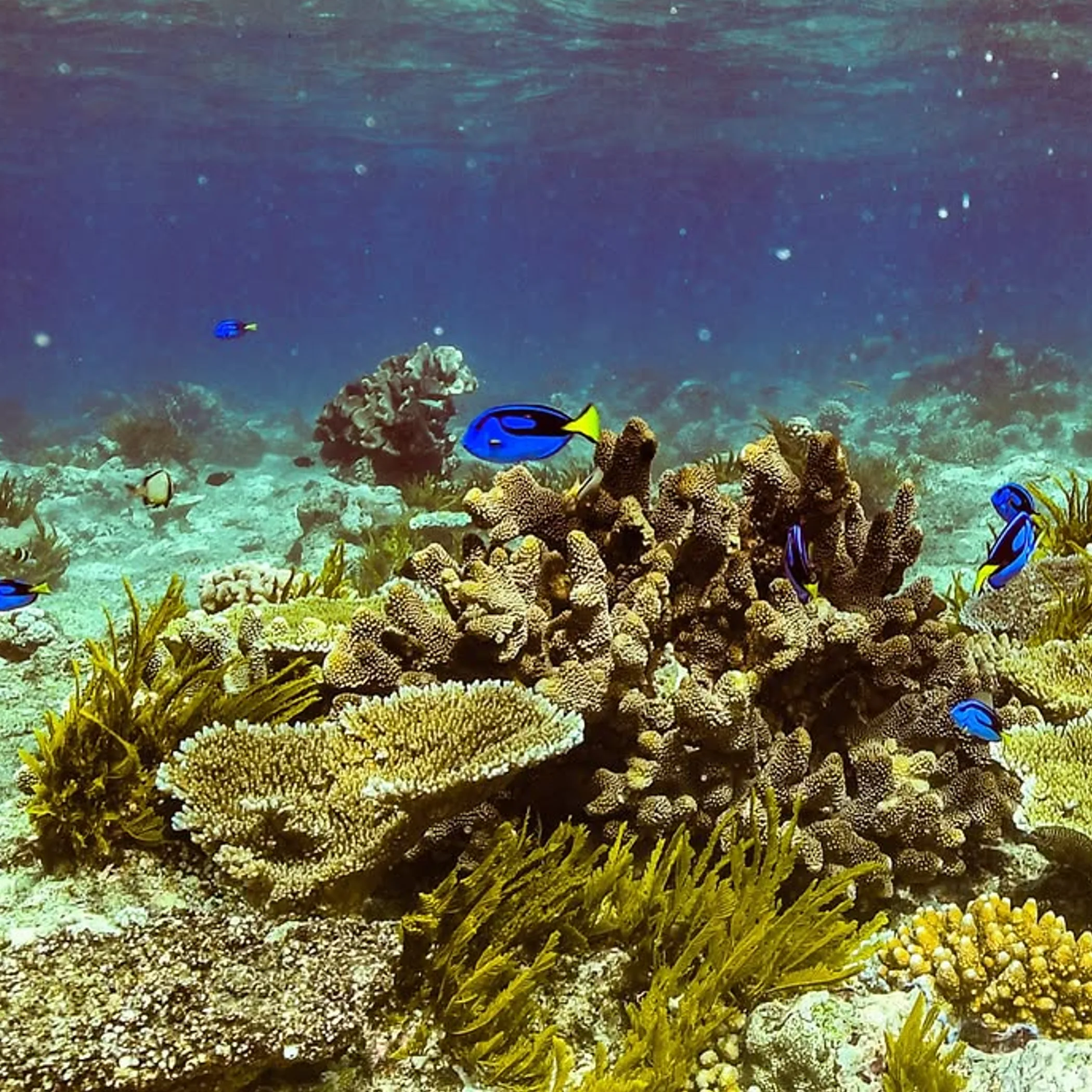 coral reef with blue tangs